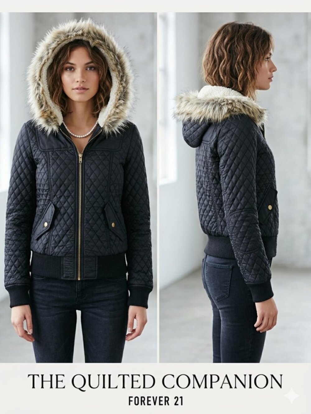 NEW Forever 21 Quilted Bomber Jacket Faux Fur Sherpa Hood Black Size Small 6